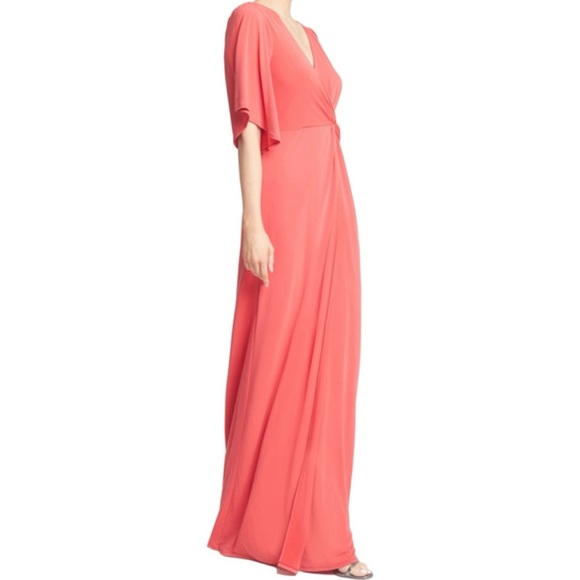 HALSTON HERITAGE Draped Twist V-Neck Jersey A-Line Gown Dress, Poppy, Size 2 - Picture 3 of 3